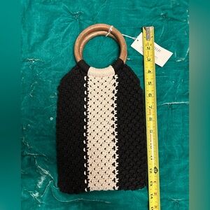 Laude The Label NWT Gabby Mini Macrame Bag Black/White Wooden Handle Woven Purse